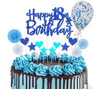 Happy 18th Birthday Cake Topper Blue Glitter Royal Blue 18th Birthday Cupcake Topper Set with Star Heart Paper Fan Balloons Dark Blue Cake Decorations for Boys Girls Him Her Eighteen Years Old Party
