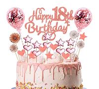 Happy 18th Birthday Cake Topper Rose Gold Glitter Age 18 Birthday Cupcake Topper Kit with Star Heart Paper Fan Balloon Romantic Cake Pick Decorations for Girls Her Eighteen Years Old Anniversary Party