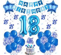 Happy 18th Birthday Decorations for Boys - Blue Birthday Banner Decoration Set Hanging Swirl Confetti Latex Balloons Cake Topper for 18 Years Old Party Supplies