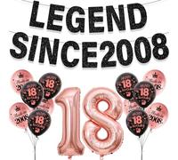 Happy 18th Birthday Decorations Girls - 16 Pcs Black Rose Gold Legend Since 2008 Glitter Banner Number 18 Foil Balloons Set for Girl Teenager 18 Years Old Birthday Decor Supplies