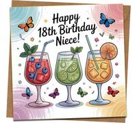 Happy 18th Birthday Niece Card, 145mm x 145mm Square Greeting Card with Kraft Envelope, Fun Cocktail & Butterfly Design, 18th Birthday Card for Niece