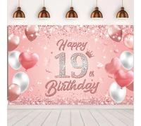 Happy 19th Birthday Banner Rose Gold 1.1 x 1.8m Happy Birthday Banner Backdrop 19th birthday Decorations for Girls Women, 19 Years Old Anniversary Party Supplies