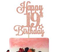 Happy 19th Birthday Cake Topper, Cheers to 19 Years, Hello 19, 19th Birthday Anniversary Party Decorations Rose Gold Glitter.
