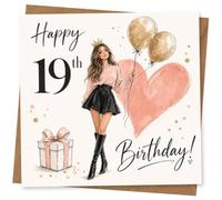 Happy 19th Birthday Card for Her, Cute Fashion Illustration with Heart, Balloons and Gift for Nineteenth Birthday