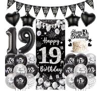 Happy 19th Birthday Party Decorations - Black Silver Door Banner Set with Pennants Bunting, Cake Topper and Foil Balloons for Girl Boy 19 Years Old Party Supplies