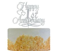 Happy 1st Anniversary Cake Topper, Double Sided Silver Glitter Cake Decoration Supplies for 1st Wedding Anniversary, Company 1st Anniversary, 1st / First Birthday Theme Party
