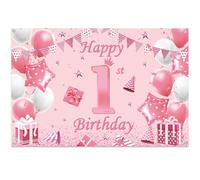 Happy 1st Birthday Banner Backdrop - Pink 1 Year Old Banners Decorations Girl Baby Photography Background for First Birthday Baby Shower Party Supplies 180x120cm