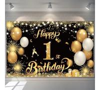 Happy 1st Birthday Banner Gold 1.1 x 1.8m Backdrop for Boys Girls, 1 Year Old Anniversary Party Supplies (Black Gold)