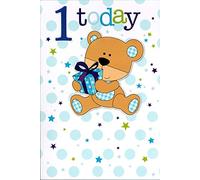 Happy 1st Birthday Card -1 Today - Cute Bear Holding a Gift Blue Bubbles Stars