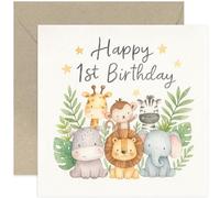 Happy 1st Birthday Card, Cute Animals, For Godson Goddaughter Niece Nephew Grandchild, Blank Inside with Envelope