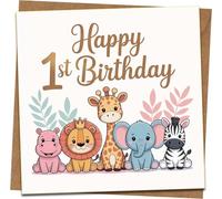 Happy 1st Birthday Card - Cute Safari Jungle Animals (Lion, Giraffe, Elephant, Zebra) Boy or Girl - Includes Kraft Envelope - First Birthday Greeting Card for Son, Daughter, Grandson, Granddaughter