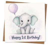 Happy 1st Birthday Card for Baby Boy or Girl, Cute Elephant Holding Balloon, First Birthday Greeting Card