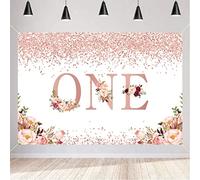 Happy 1st Birthday Decoration for Girl, Happy 1 Year Old Fabric Sign Poster Backdrop Banner, Glitter Rose Pink Floral Photography Background First Birthday Party Supplies, 150cm x 90cm