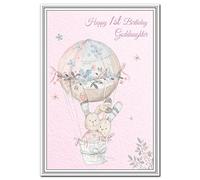 Happy 1st Birthday Goddaughter - First Birthday card for 1 year old girls - Premium quality - Unique Keepsake greetings Wishes - Watercolour art - Cute Rabbit pink design