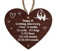 Happy 1st Wedding Anniversary - Romantic Wooden Keepsake Gift for 1 Year Anniversary - Heart-Shaped Love Decor for Couples - 365 Days Together Love Wall Sign (Small: 10 cm (H) × 9 cm (W))