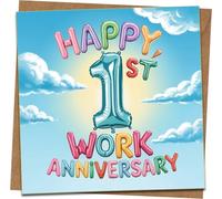 Happy 1st Work Anniversary Card - Balloon Letters Design - 145mm x 145mm Square Greeting Card with Kraft Envelope - Employee Milestone, Co-Worker Celebration