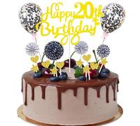 Happy 20th Birthday Cake Decoration 20 Years Man Women Cake Decoration 20th Birthday Gold Black Cake Decoration 20th Birthday Man Cake Decoration Gold with Heart Star Balloon Glitter Cake Topper for