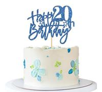 Happy 20th Birthday Cake Topper - Adult Girl Boy 20 Years Old Birthday Cake Supplies - 20th Birthday Party Decorations - Blue Glitter