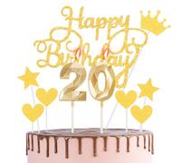 Happy 20th Birthday Cake Topper & Candles - Gold Number 20 for Cake Decorations - Cupcake Topper for Girls Boys Birthday Gold