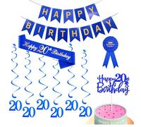 Happy 20th Birthday Decorations Kit For Men,Blue Happy Birthday Banner,Sash,Hanging Swirls Streamers,Cake Topper,Badge For Him 20th Birthday Party Supplies (20th)
