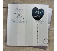 Happy 21st Anniversary Card. Stripes & Heart Balloon Design. Hand decorated with Glitter & Gems. (DH21)