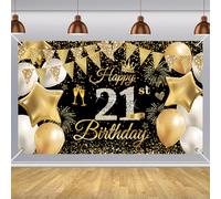 Happy 21st Birthday Banner - 180 x 110cm Black Gold Decorations Backdrop Fabric Sign Poster Photo Background for Boy Girl Her Him Anniversary Party