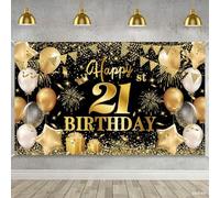 Happy 21st Birthday Banner - Black Gold 21st Birthday Decorations for Men and Women, Photo Booth Sign Background, 180×110cm