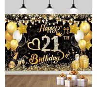 Happy 21st Birthday Banner Black Gold Birthday Party Decoration Backdrop, 21st Birthday Poster Fabric Banner Photography Background for Boys Girls, 180 x 110 cm (Black Gold 21st)