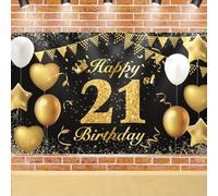 Happy 21st Birthday Banner - Black Gold Photo Backdrop Party Background Supplies Props, Decorations for Men and Women - 180×110cm