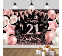 Happy 21st Birthday Banner Black Rose Birthday Party Decoration Backdrop, 21st Birthday Poster Fabric Banner Photography Background for Girls Women, 180 x 110 cm (Black Rose 21th)
