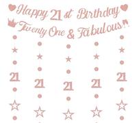 Happy 21st Birthday Banner Decorations - Rose Gold Glitter Twenty-one Banners Party Supplies for Girls, Circle Dots Star Garland Birthday Banner Set for 21 Years Old Party Decor