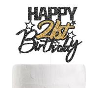 Happy 21st Birthday Cake Topper, Black Gold Glitter, Boy Girl Teenager Twenty-one Years Old Cake Decorations, Happy Birthday Party Decoration Supplies