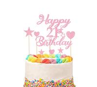 Happy 21st Birthday Cake Topper Set With Heart Star Cupcake Picks - 9pcs Glitter Decoration for Party Supplies (Hot Pink)