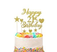 Happy 21st Birthday Cake Topper Set With Heart Star Cupcake Picks - 9pcs Glitter Decoration for Party Cake Supplies (Gold)