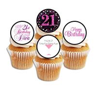 Happy 21st Birthday Cake Toppers For Her, Edible Diva Cupcake Decorations, 21st Birthday Cake-Topper, 24 x 1.5 Inch 4cm (PRECUT)