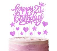 Happy 21st Birthday Cake Toppers, Hot Pink Cake Cupcake Toppers for Cake, Glitter Heart Stars Cake Toppers, Birthday Gift, Personalised Cake Toppers for Women Girls 21st Birthday Cake Decorations