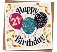 Happy 21st Birthday Card Square 145mm x 145mm with Kraft Envelope - Balloons Confetti Design - For Him or Her, Son Daughter Friend, Blank Inside