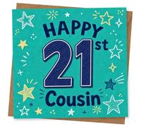 Happy 21st Birthday Cousin Card with Star Doodles and Bold Blue Number Design