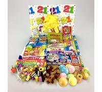 "Happy 21st Birthday" gift wrapped RETRO SWEET Hamper Box Large Variety Lip Smacking favourites • Dolly Mixtures • Liquorice Allsorts • Flying Saucers • Fizzy Mix • Cola Bottles • etc.... Retro Nostalgia