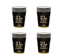 Happy 21st Birthday Paper Cups - Black and Gold 16Pc Disposable Tableware for Girls, Boys, Kids, Him, Her - Party Decorations and Supplies Table Decor