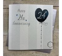 Happy 24th Anniversary Card. Stripes & Heart Balloon Design. Hand decorated with Glitter & Gems. (DH24)