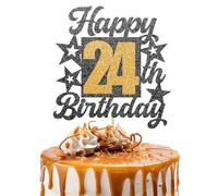 Happy 24th Birthday Cake Topper - Black and Gold Glitter Number Cake Topper - Number 24