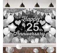 Happy 25th Anniversary Decorations Backdrop - Black Silver Glitter 25th Wedding Anniversary Banner, Large Celebrating 25 Years of Marriage Photography Background Decor Supplies 70.8x47inches