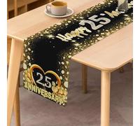 Happy 25th Anniversary Table Runner, 25th Wedding Anniversary Party Decoration Kitchen Dining Table Table Cloth Indoor Outdoor Decoration, Black and Gold, 183 cm x 33 cm