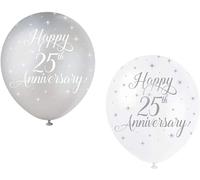 Unique Party Latex Balloons Happy 25th Anniversary - White & Silver 30cm Pack of 5