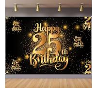 Happy 25th Birthday Backdrop Banner Step and Repeat 25 Years Old Background Decorations for Women Men Her Him Photography Party Supplies Glitter Black Gold