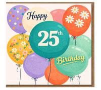 Happy 25th Birthday Balloons Card - Colourful Floral & Polka Design, Cheerful Milestone
