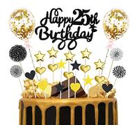 Happy 25th Birthday Cake Topper, Black Gold Glitter Happy Birthday Cake Topper 25 with Star Heart Paper Fan Balloon, 25pcs Birthday Cupcake Topper for Boys Twenty-Five Anniversary Birthday Party Decor