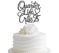 Happy 25th Birthday Cake Topper, Quarter Life Crisis, Twenty Five, Cheers to 25 Years Birthday Party Decorations Black Glitter