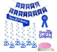 Happy 25th Birthday Decorations Kit For Men,Blue Happy Birthday Banner,Sash,Hanging Swirls Streamers,Cake Topper,Badge For Him 25th Birthday Party Supplies (25th)